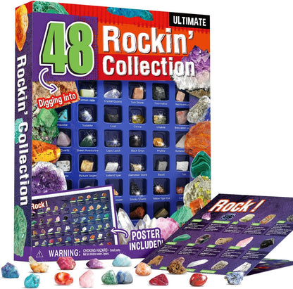 Gamerside Rocks for Kids - 48 Real Rocks, Gemstones & Crystals Collection – Educational Science Kit, Great Rock Collections STEM Gift for Boys & Girls Ages 6-12