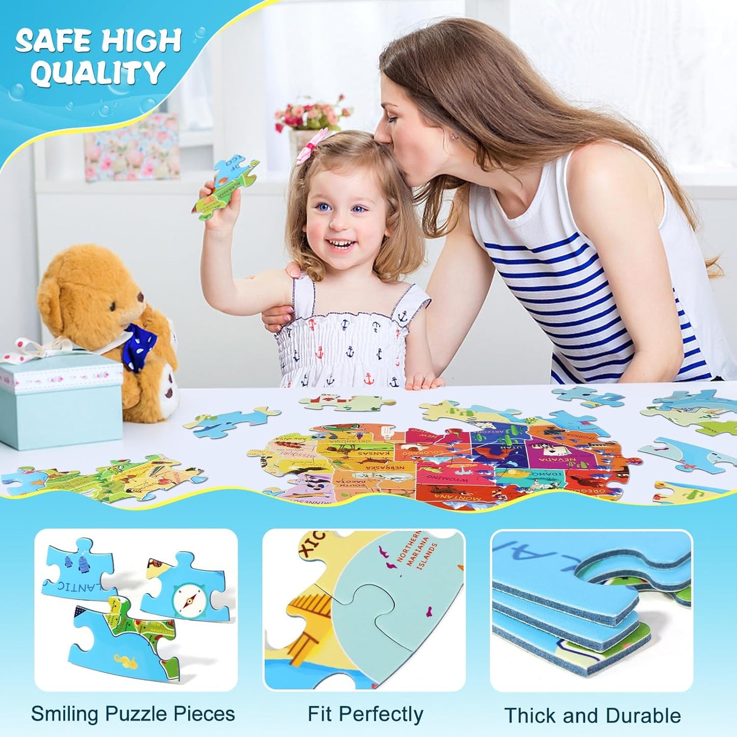 DIGOBAY United States Puzzle 70 Pieces USA Map Floor Jigsaw Puzzles for Kids Ages 4-10, Jumbo Round US Geography Puzzle 50 States with Capitals Educational Learning Toys for Boy or Girl