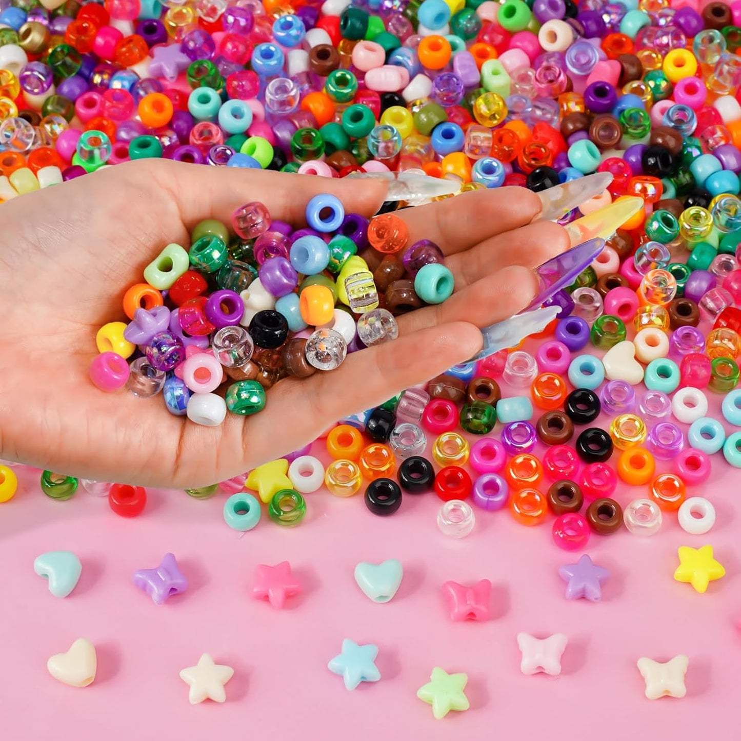 1000+pcs Glitter Pony Beads Bulk, Acrylic 9mm Large Plastic Bead for Bracelets Big Hole Hair Braids Crafts DIY Projects