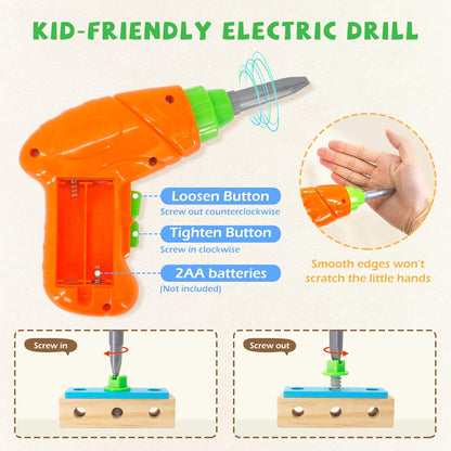 Kids Tool Set with Electric Drill, 55 Pcs Toddler Tool Set Incl Tool Box, Wooden Montessori Educational Construction Toy for Age 3+ Years Old Boys Girls Birthday Gift