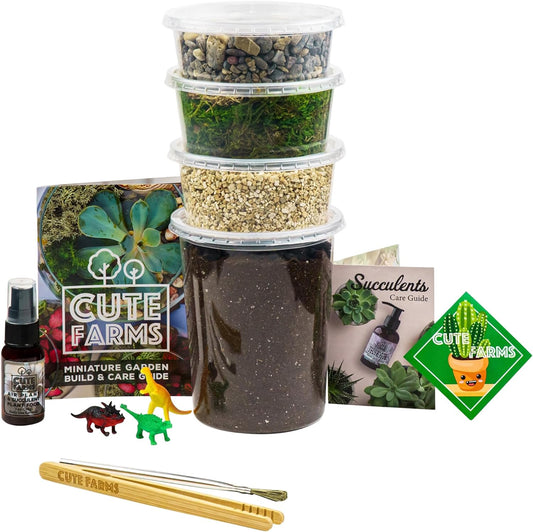Cute Farms Terrarium Starter Kit | Moss, Vermiculite, Soil, Pebbles, Plant Food, & Finishing Tools (Large Kit + Crystals)