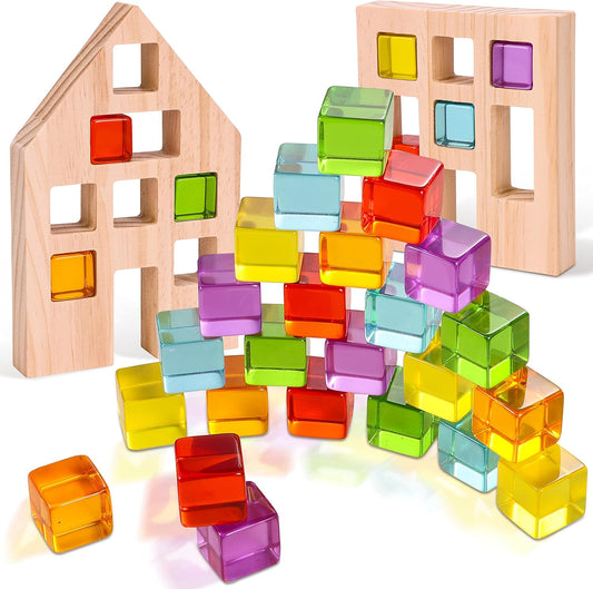 Woodtoe Wooden Building Blocks Set for Kids, 36 PCS Rainbow Acrylic Gem Blocks - 3 Wood House, Montessori Stacking Toy for Toddlers, Educational STEM Birthday Creative Toy Gift for Boys Girls 3-6