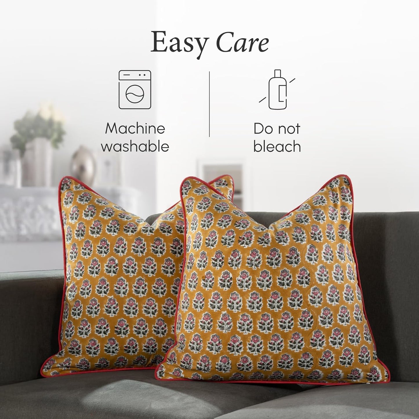 CPC 100% Cotton Throw Pillow Covers 18x18 Inch, Set of 2 Green Block Print Pattern Couch Pillow, Cute Boho Decorative Pillows for Living Room, Bedroom with Hidden Zipper- Agate Green