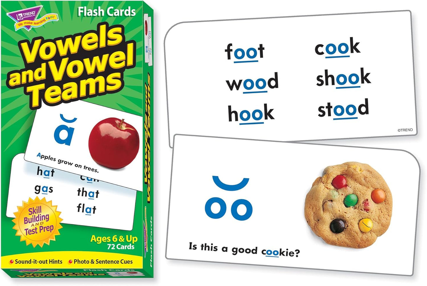 Trend Enterprises: Vowels and Vowel Teams Skill Drill Flash Cards, Sound-It-Out Hints, Photo & Sentence Cues, Great for Skill Building and Test Prep, 72 Cards Included, Ages 6 and Up