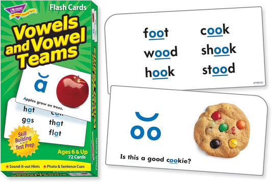 Trend Enterprises: Vowels and Vowel Teams Skill Drill Flash Cards, Sound-It-Out Hints, Photo & Sentence Cues, Great for Skill Building and Test Prep, 72 Cards Included, Ages 6 and Up