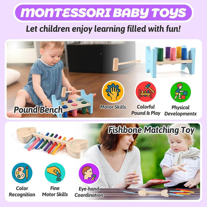 Wooden Montessori Toys for 1+ Year Old, 9-in-1 Learning Educational Set with 3-in-1 Activity Box, Pound Bench, Shape Puzzle, Cloth Books, Fishbone Matching & Ring Stacker