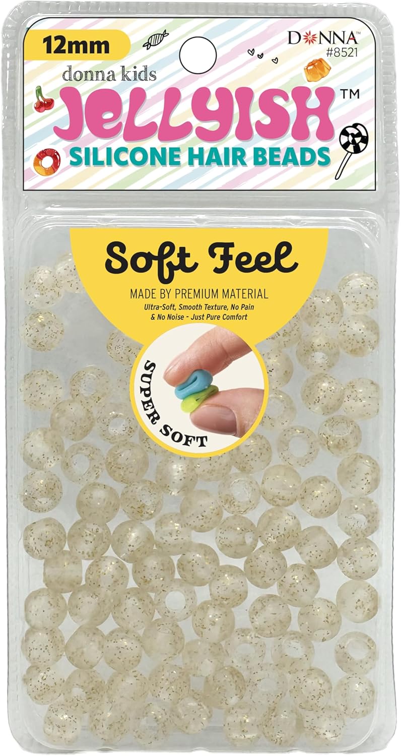 Donna Kids Jellyish Silicone Hair Beads – 12mm Super Soft Noiseless Beads for Braids, Ponytails & Kids Hairstyles – with Threading Tool Pain-Free, Flexible & Tangle (Clear Mix)