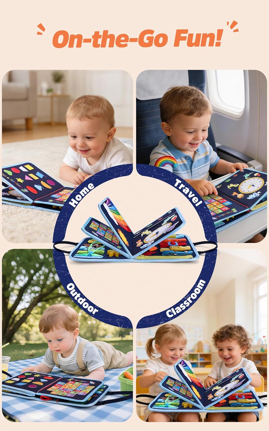 GONINO Toddler Busy Board Montessori Toys for 1-3 Year Old, Dinosaur Space Busy Book with 23 Activities for Learning Fine Motor Skills, Sensory Travel Toys for Airplane Car, Gifts for Boys Girls, Blue
