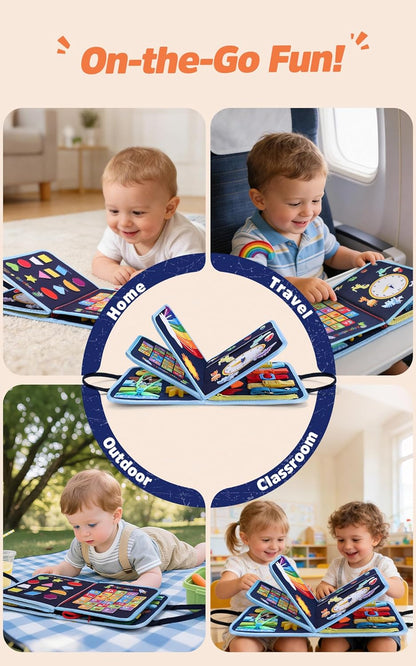 GONINO Toddler Busy Board Montessori Toys for 1-3 Year Old, Dinosaur Space Busy Book with 23 Activities for Learning Fine Motor Skills, Sensory Travel Toys for Airplane Car, Gifts for Boys Girls, Blue