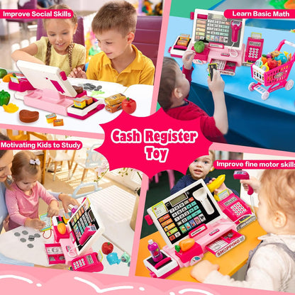 Cash Register for Kids Real Calculator Kids Cash Register with Scanner Toy for 3 4 5 6 7 8 Year Old Boy Pretend Play Store with Music / Food / Shopping Cart Learning Toys Gifts for Boys Ages 4-8