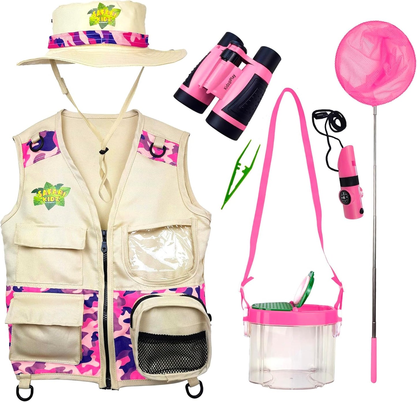 Kidz@Play Bug Hunting Kit, Vest, Hat, Binoculars, Lg. Net, Bug Container, Whistle, Flashlight, Magnifier, Thermostat, Compass, Tweezers