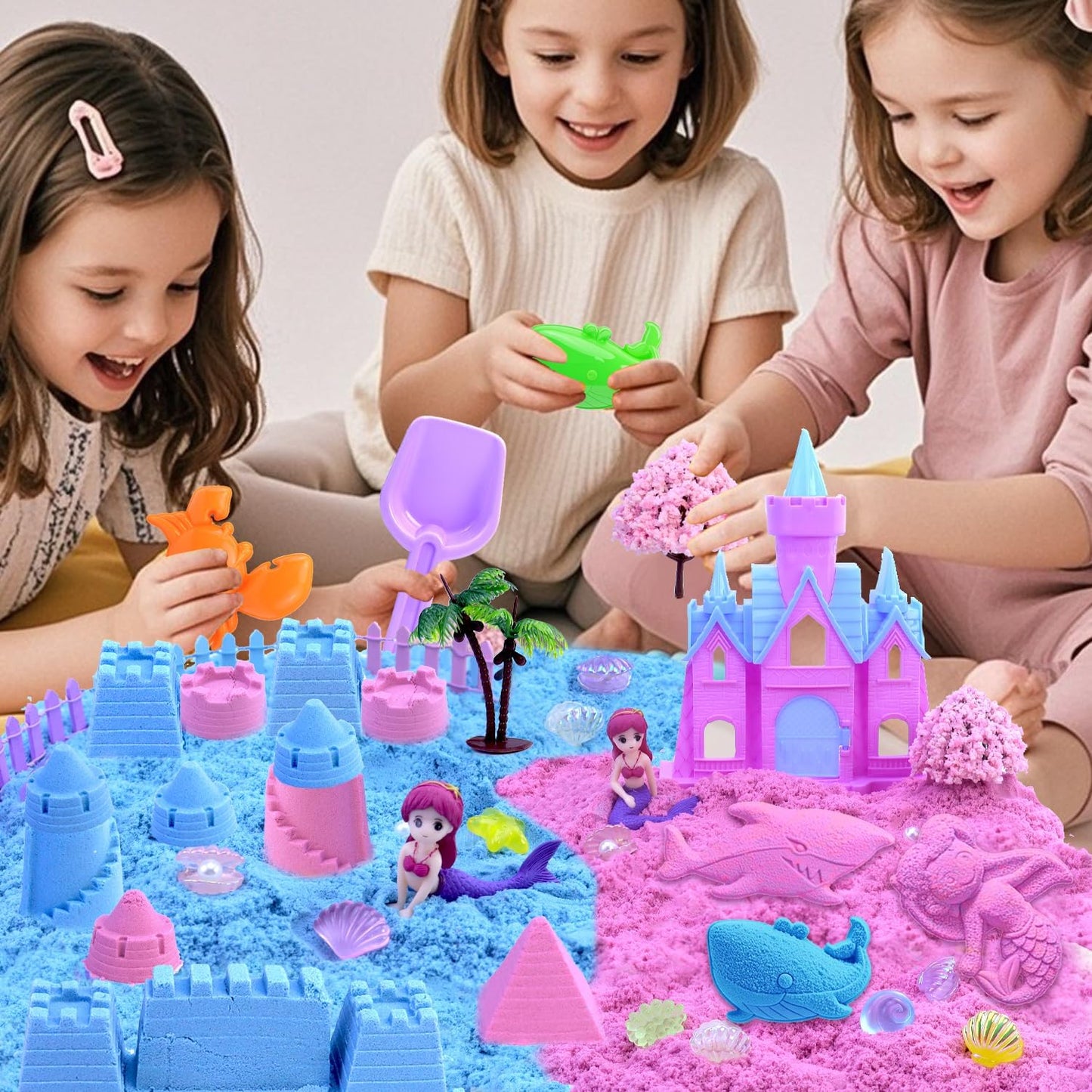 Mermaid Sensory Bin,Play Sand Art Sand Play Set Fine Motor Skills Montessori Sand Toys with 2.2 lbs Sand & Castle Molds & Sand Shovel Tools,Ocean Theme Educational Toys for Aged 3-8 Girls