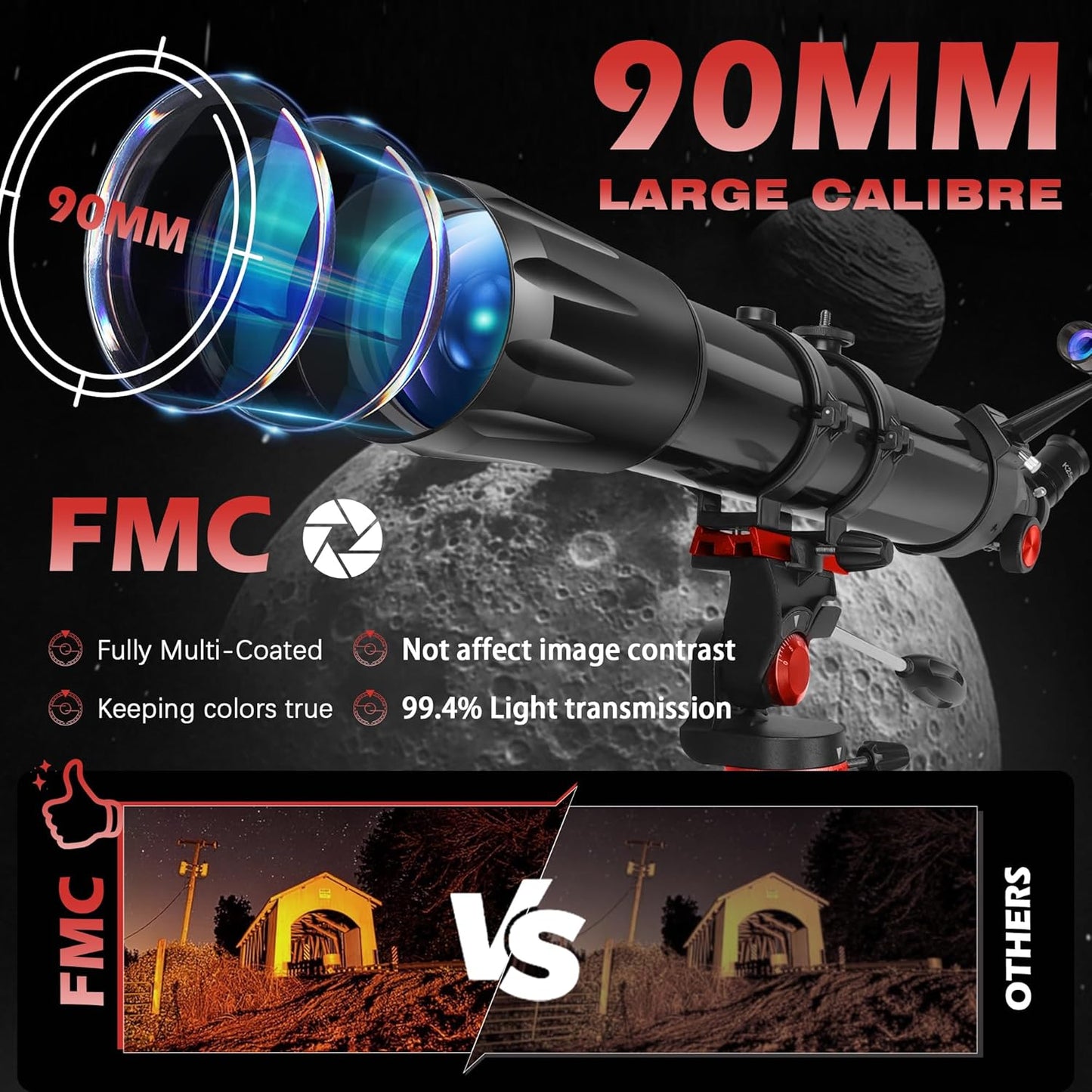 HETEKAN Telescope, Telescope for Adults High Powered, 90mm Aperture 900mm Refractor Telescopes for Kids & Beginners, Magnification 450X,for Planet Observation with Stainless Tripod & Phone Adapter
