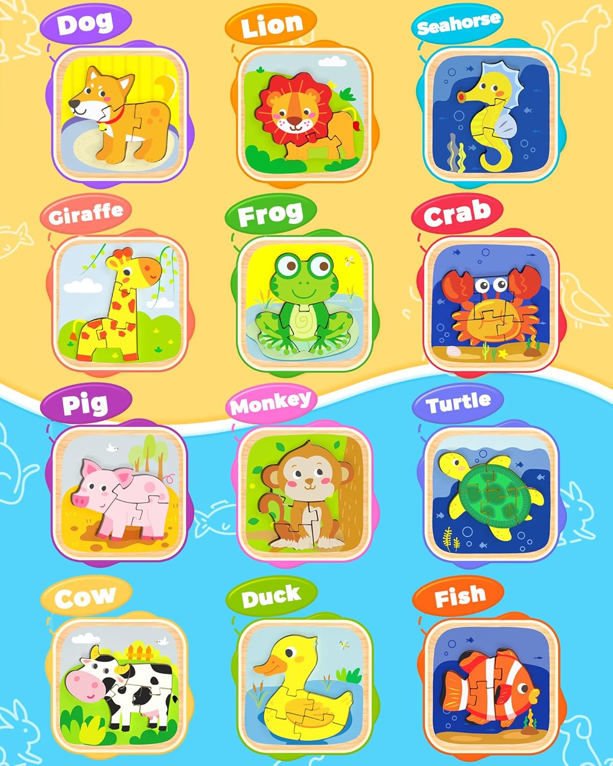 Benresive Wooden Toddler Puzzles, 6pcs Animal Montessori Toys for 1-3 Year Old Boys & Girls, Learning Educational Preschool Toys, Great Gifts for 1 2 3 Year Olds