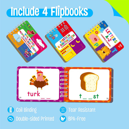4 Preschool Learning Flipbooks, 96PCS Double Sided Printed Cards Set, Alphabet Letter A-Z, Number 1-20, Feelings and Emotions, Shapes and Colors Mini Board Books Set Early Educational Tool for Kids