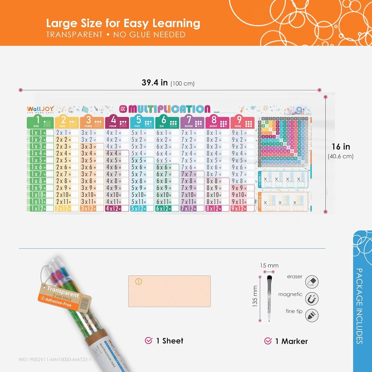 Large Dry Erase Multiplication Chart – 39.4x16” Clear Times Table Chart, Reusable Write & Wipe Multiplication Table Chart, Educational Dry Erase Color Multiplication for Kids, Sticks to Any Surface