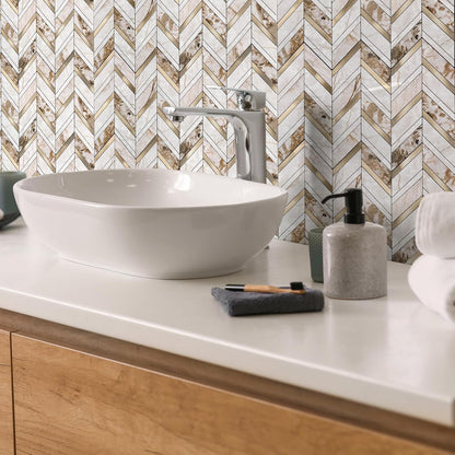Yipscazo 10 Sheets Herringbone Backsplash Peel and Stick Tile, Marble Calacata Mixed Metal Gold PVC Stick on Backsplash for Kitchen, Waterproof Self Adhesive Wall Tile for Bathroom