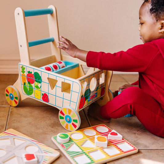 Melissa & Doug Wooden Shape Sorting Grocery Cart - Toddler Toys with 12 Blocks, Puzzle Board and Coffee Cup for Pretend Play and Montessori Toys - FSC Certified
