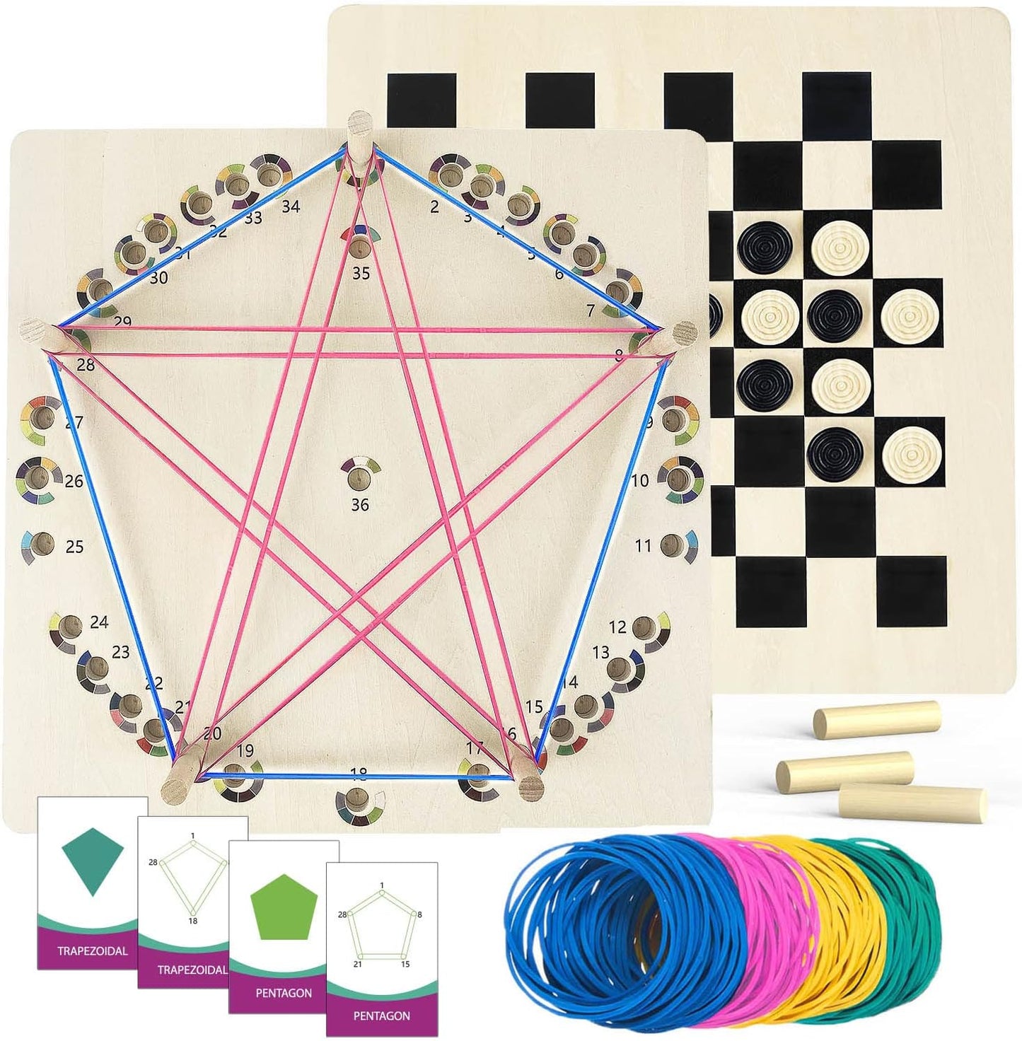 Upgraded Wooden Geoboard with Othello Board Set – Dual-Purpose Creative Pattern Board with Rubber Bands and Cards, Family Puzzle & Strategy Game
