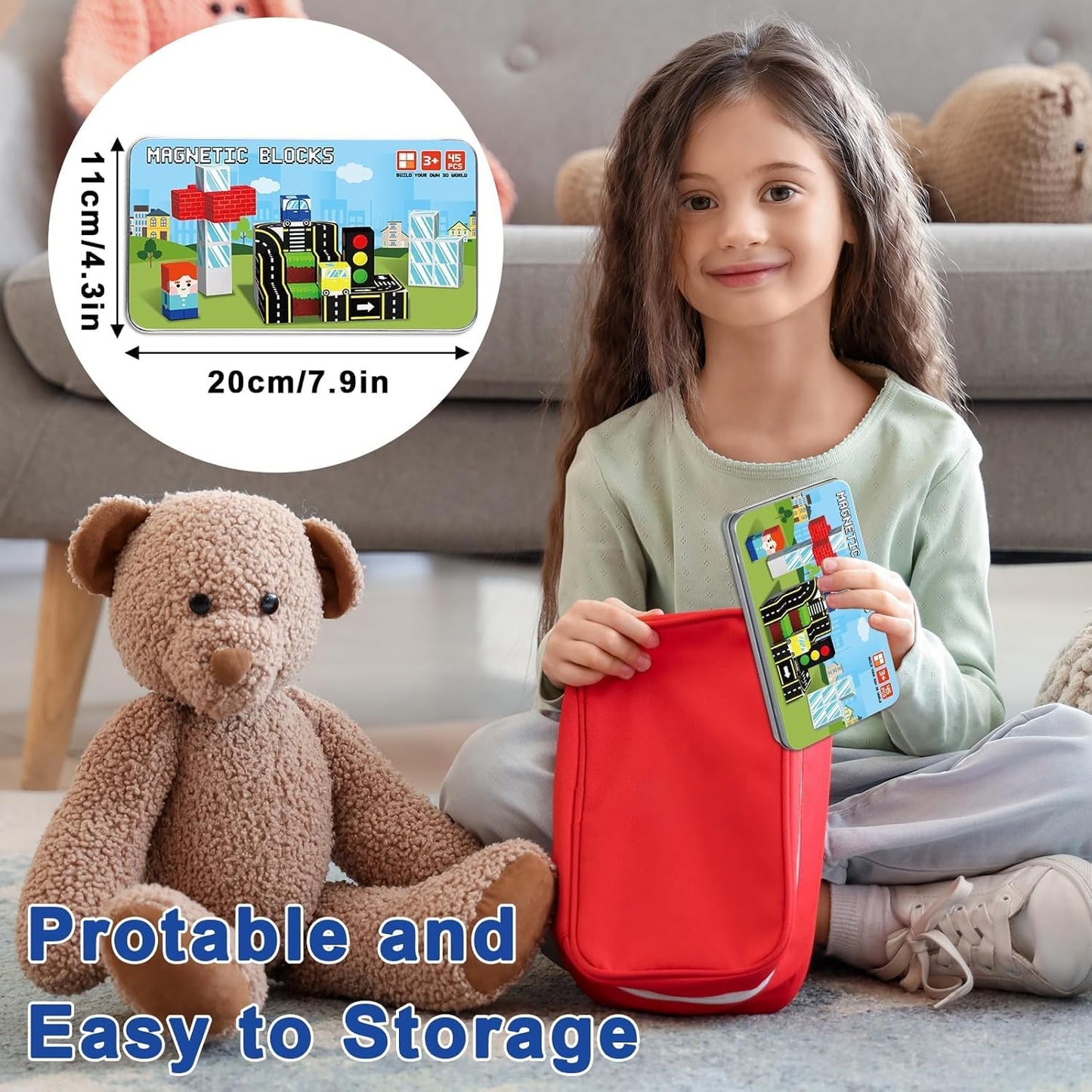 QOUBAI 45PCS Mini Magnetic Blocks Travel Toys, Magnet Building Cubes Tiles Set with Portable Iron Case, Learning Activities Gifts for Kids Toddlers Boys & Girls Ages 3-8 (Construction)