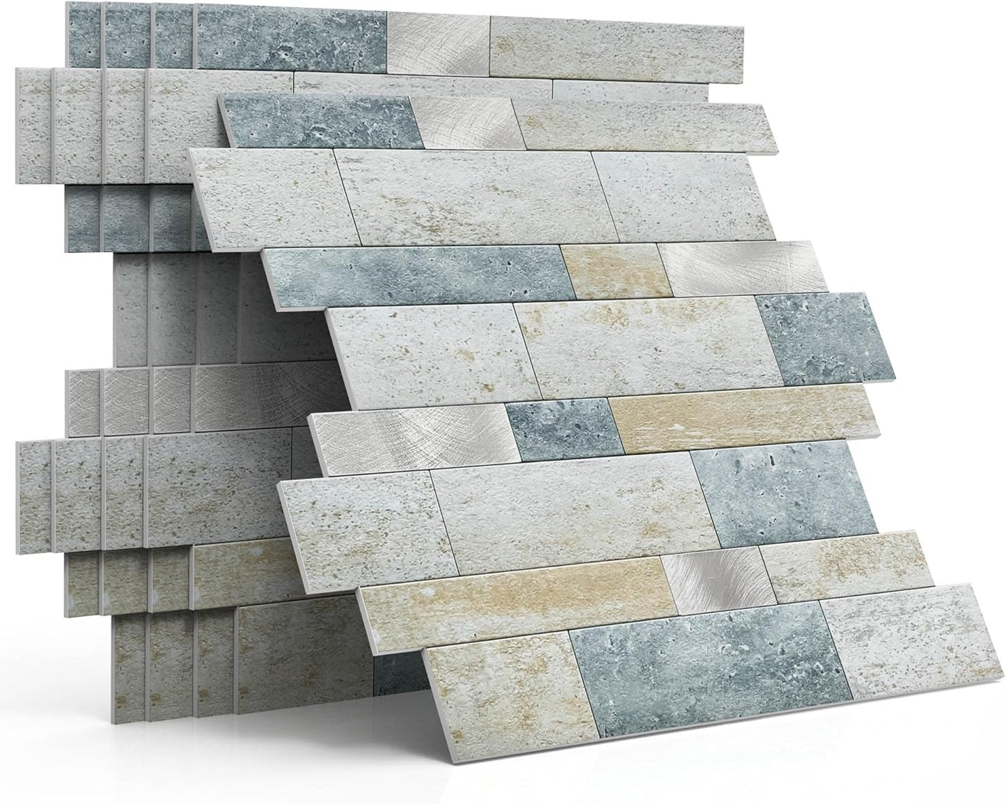 MOFIT Backsplash Tile for Kitchen Peel and Stick Stone Matte Finish,Bathroom Tiles Stickers 3D Wall Panel Linear Mosaic Marble Backsplash Waterproof(5sheets,Blue Green Gray)