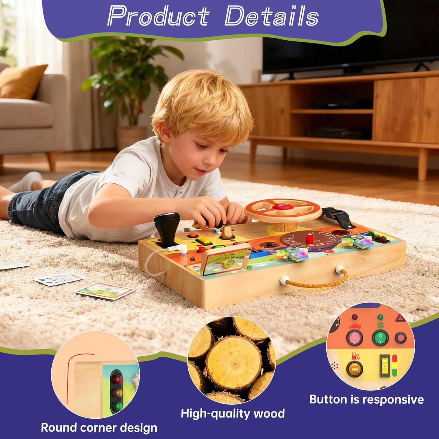 flycoost Busy Board with LED Light Switches,Toddlers Montessori Educational Toys for 1 2 3 Years Olds,Wooden Autism Activity Baby Busy Board,Sensory Travel Toys 1+ Year Old Boy&Girl Birthday Gift