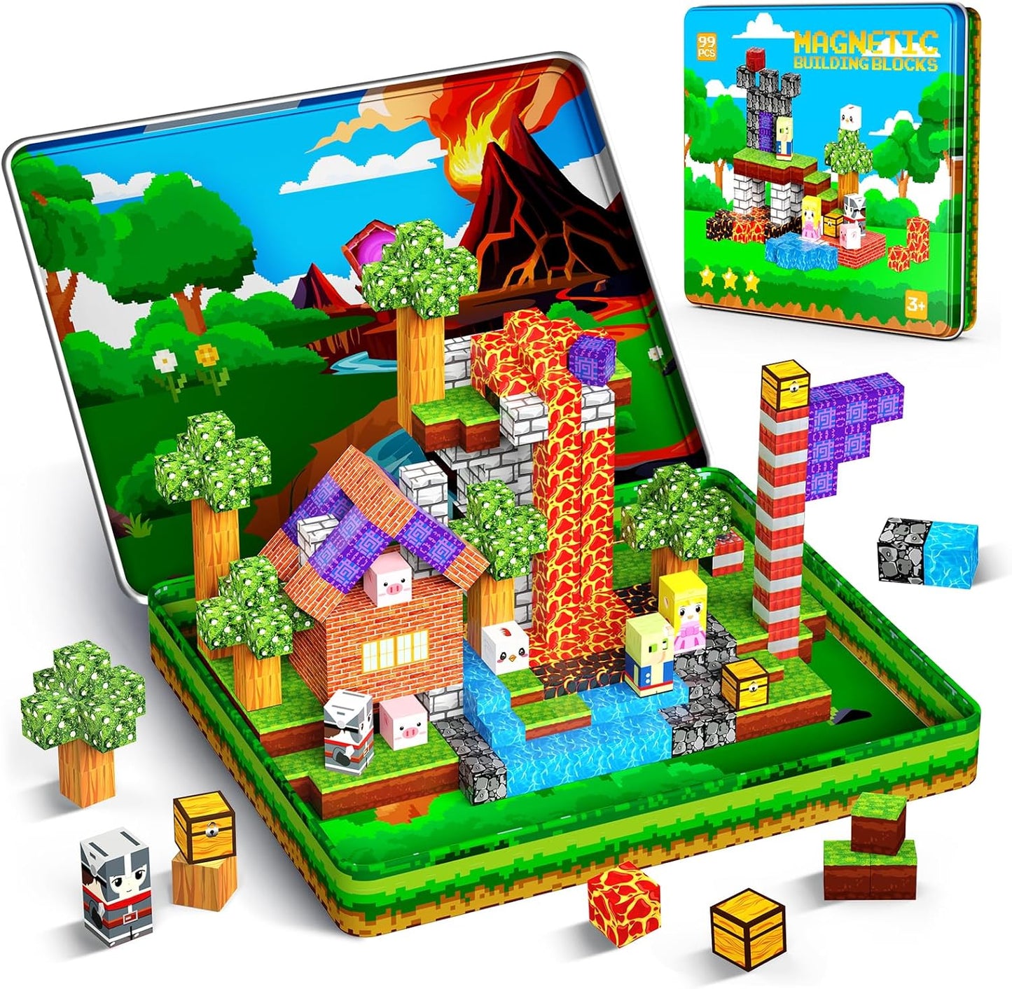 99PCS Magnetic Blocks Travel Toys, Magnet Building Blocks with Portable Metal Box, Mini Construction Travel Magnetic Tiles for Toddlers Boys Age 3-5 4-8 8-12, STEM Sensory Outdoor Travel Toys Gifts