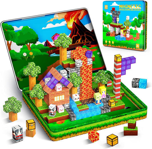99PCS Magnetic Blocks Travel Toys, Magnet Building Blocks with Portable Metal Box, Mini Construction Travel Magnetic Tiles for Toddlers Boys Age 3-5 4-8 8-12, STEM Sensory Outdoor Travel Toys Gifts