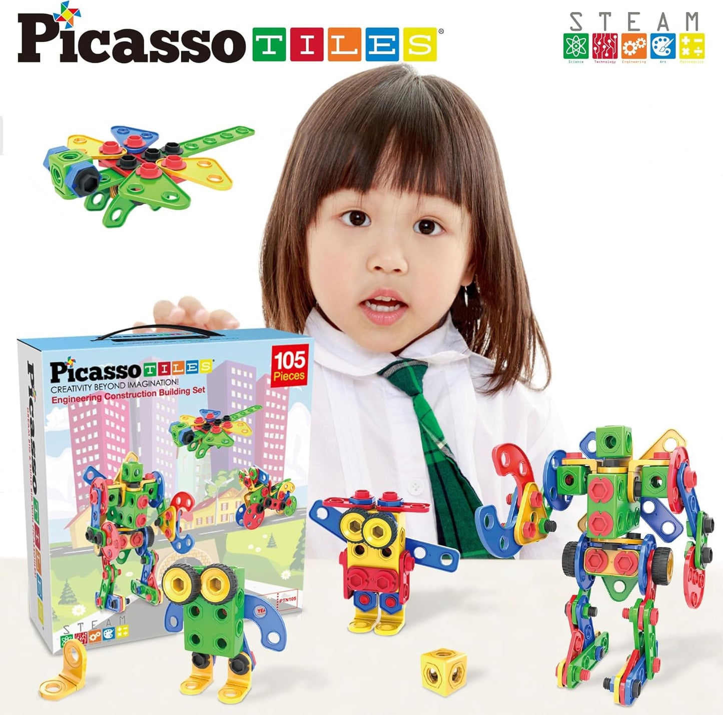 PicassoTiles 152pc STEM Construction Toy Building Set for Kids Ages 3+ Includes Power Drill, Ratchet, Idea Book, Storage Box Educational Engineering Science Kit & Sensory Toys for Boys & Girls PTN152