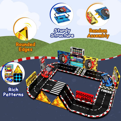 Magnetic Tiles Road Set, Rail Race Track with 2 Racer Cars, Magnetic Car Racing for Kids Ages 3 4 5 6 7 8, Magnet Building Blocks STEM Toy Birthday Gifts for 3＋ Years Old Boys Girls