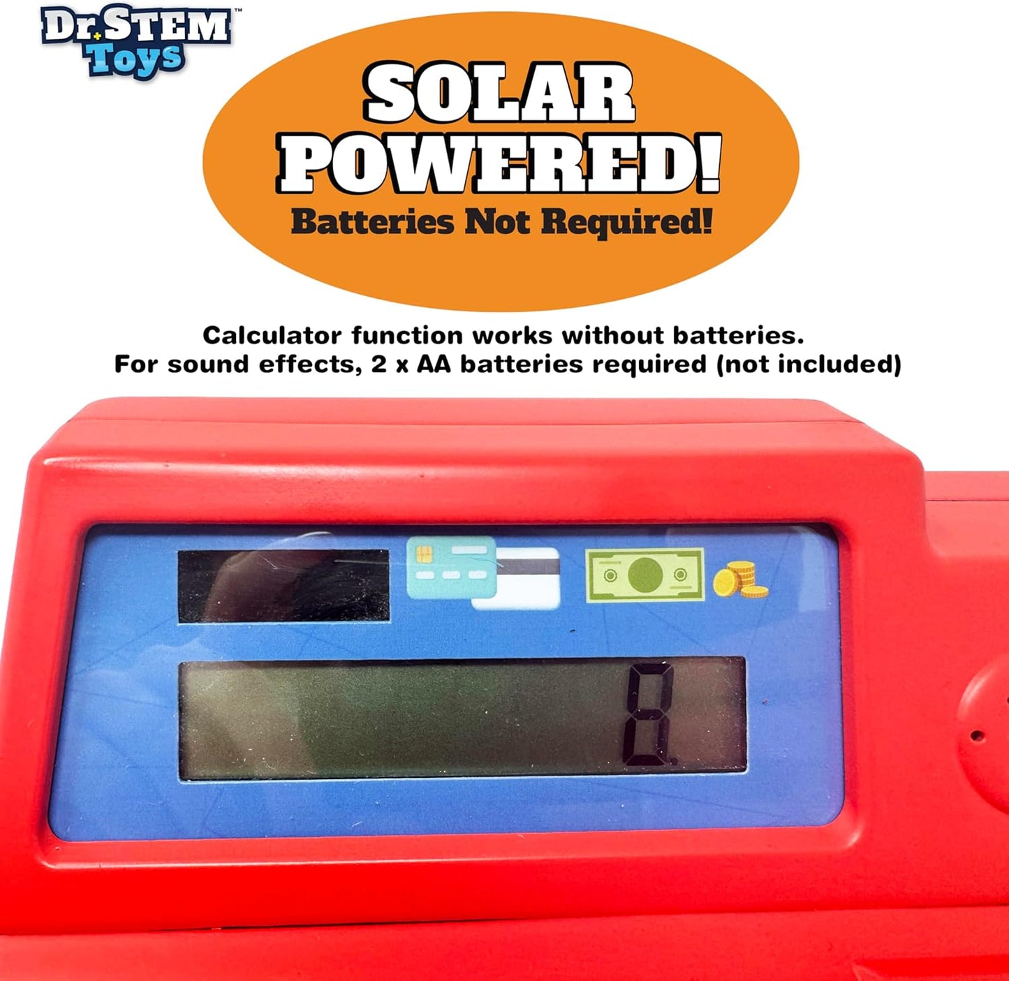 Dr. STEM Toys Solar Powered Calculator Pretend Cash Register with Play Money – 67-Piece Set for Learning Math Skills, STEM Cash Register for Kids (Gray)
