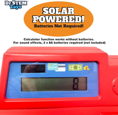 Dr. STEM Toys Solar Powered Calculator Pretend Cash Register with Play Money – 67-Piece Set for Learning Math Skills, STEM Cash Register for Kids (Gray)