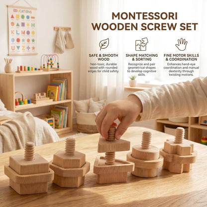 Wooden Screw and Nut Playset for Kids, Montessori Shape Sorting Toy, Lacing Beads for Kids, Preschoolers Activities, Building Construction Screw Matching Toys for Boys Girls Ages 3,4,5