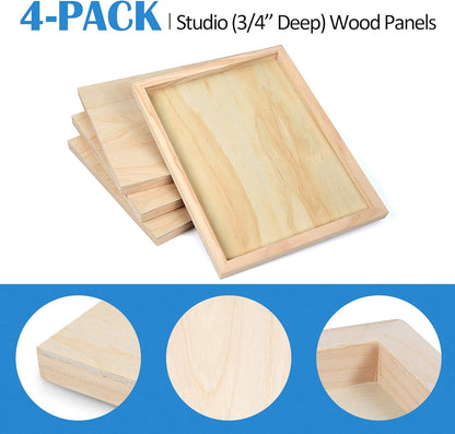 Falling in Art Unfinished Birch Wood Canvas Panels Kit, 4 Pack of 8x10’’ Studio 3/4’’ Deep Cradle Boards for Pouring Art, Crafts, Painting, and More