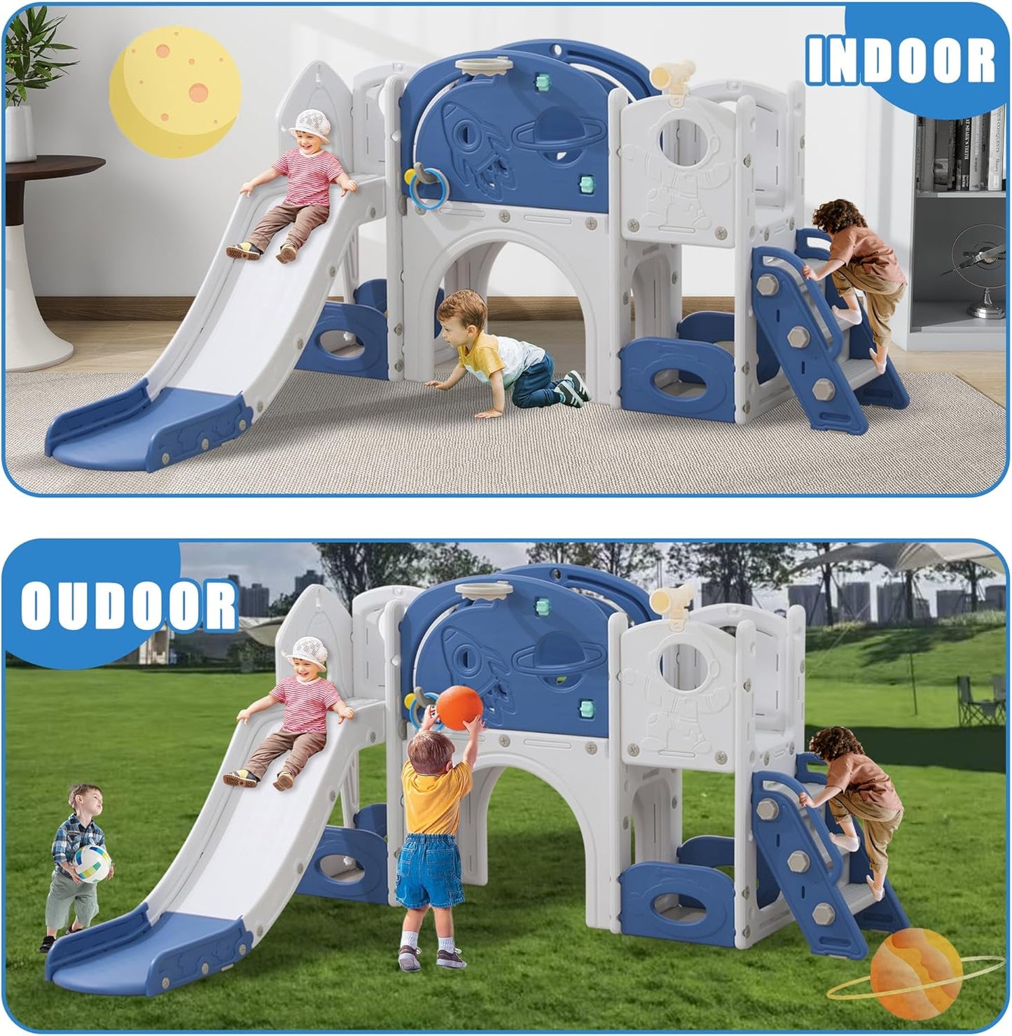 11in 1 Toddler Slide, Kid Slide for Toddlers Age 1-3 with Telescope, Basketball Hoop, and Telescope, Indoor Outdoor Playset Playground Blue Grey