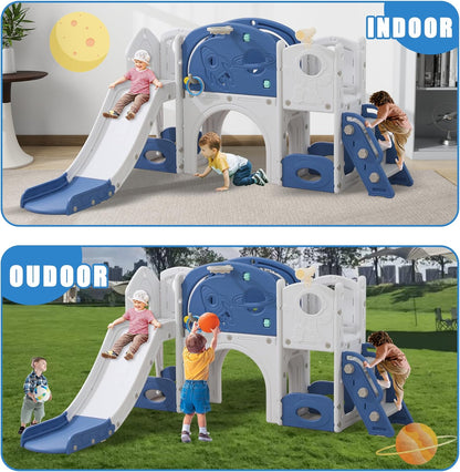 11in 1 Toddler Slide, Kid Slide for Toddlers Age 1-3 with Telescope, Basketball Hoop, and Telescope, Indoor Outdoor Playset Playground Blue Grey