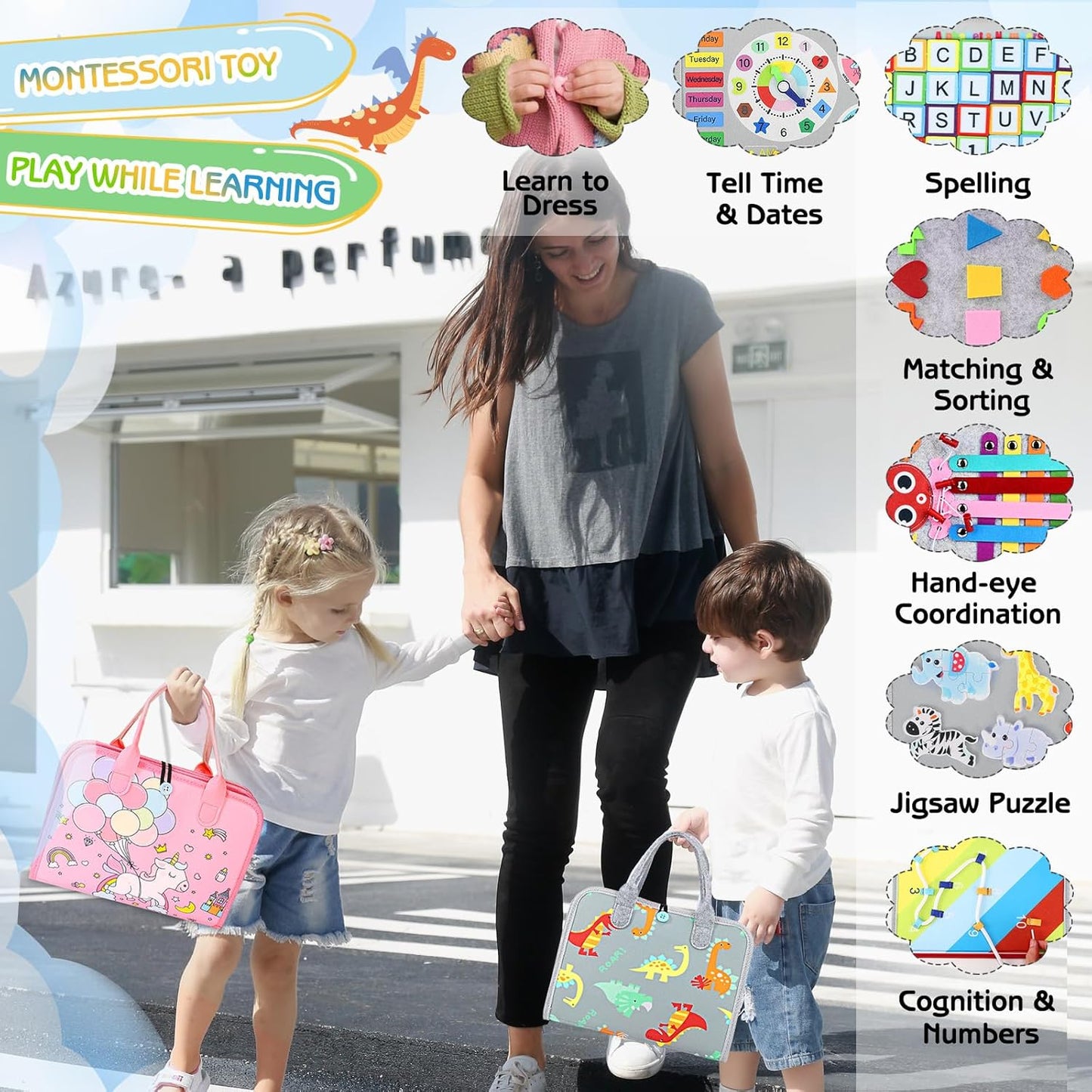 Esjay Toddler Busy Board Montessori Toys for Boys Girls, Sensory Book Educational Activities for Learning Fine Motor Skills, Birthday Gifts for Toddlers, Travel Toys for Airplane Car, White Dinosaur