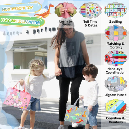 Esjay Toddler Busy Board Montessori Toys for Boys Girls, Sensory Book Educational Activities for Learning Fine Motor Skills, Birthday Gifts for Toddlers, Travel Toys for Airplane Car, White Dinosaur