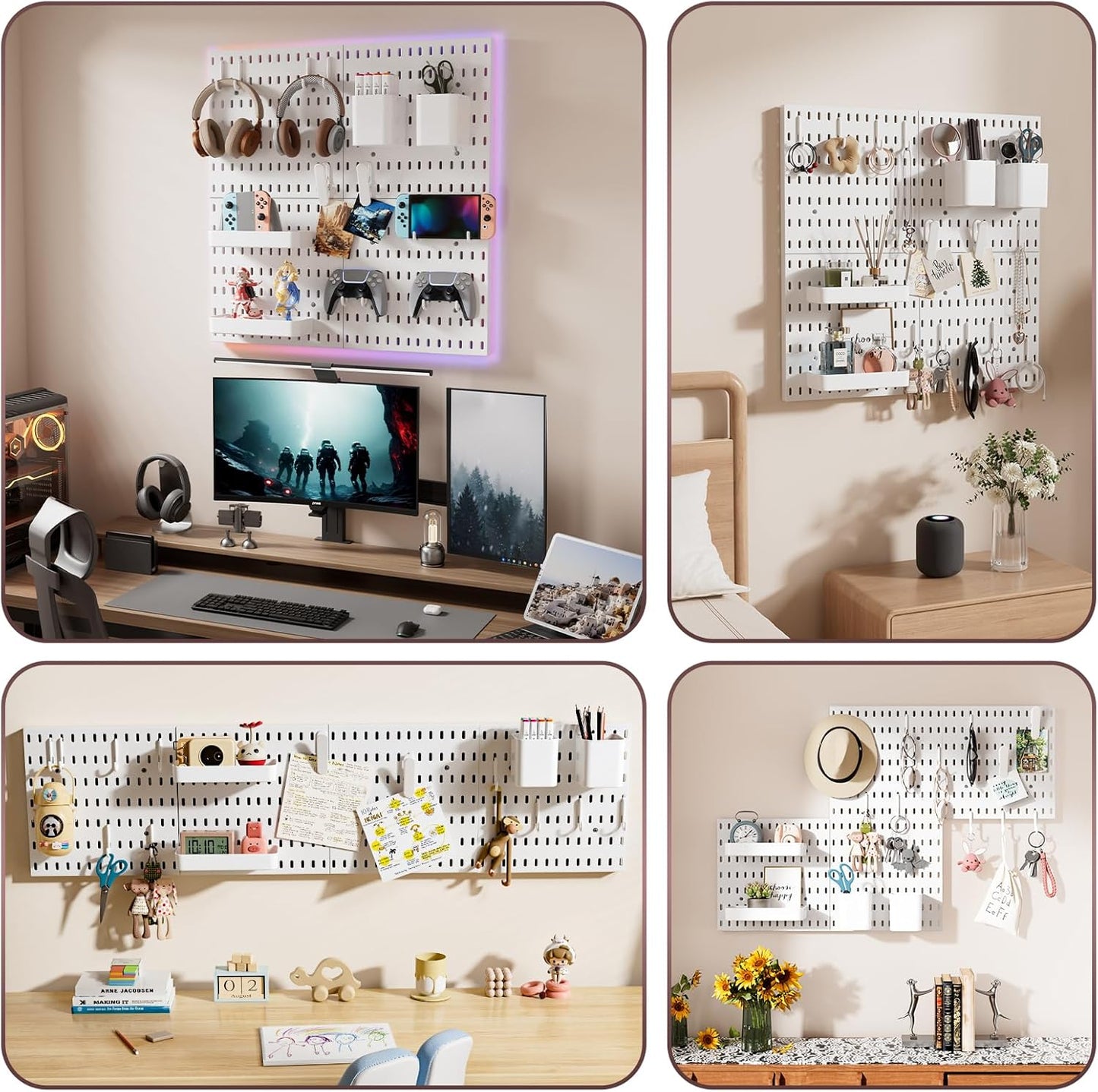Pegboard Wall Organizer Kit, 4 Pcs Plastic Peg Boards with Hooks & Accessories, Wall-Mounted Pegboard Kit for Home Office Storage, Bedroom, Craft Room(22″×22″)