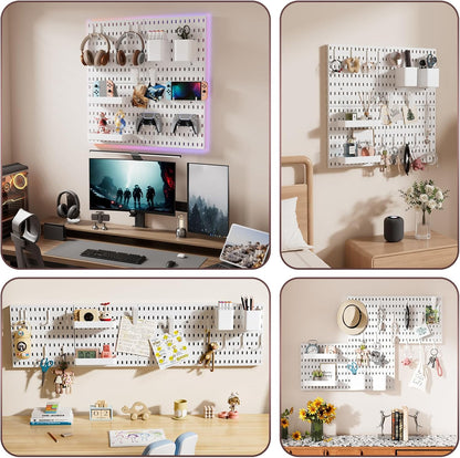 Pegboard Wall Organizer Kit, 4 Pcs Plastic Peg Boards with Hooks & Accessories, Wall-Mounted Pegboard Kit for Home Office Storage, Bedroom, Craft Room(22″×22″)