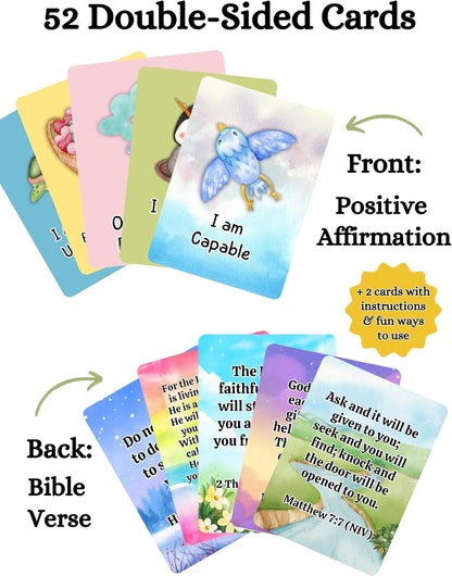 Christian Biblical Affirmation Cards for Kids, 52 Affirmations with Bible Verse on Back, Scripture Memory Cards, Bible Study, Encouragement Gift for Boys and Girls