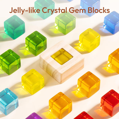 Woodtoe Wooden Building Blocks Set for Kids, 36 PCS Rainbow Acrylic Gem Blocks - 3 Wood House, Montessori Stacking Toy for Toddlers, Educational STEM Birthday Creative Toy Gift for Boys Girls 3-6
