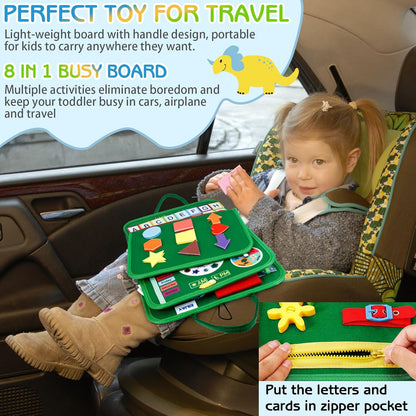 Esjay Toddler Busy Board Montessori Toys for Boys Girls, Sensory Book Educational Activities for Learning Fine Motor Skills, Birthday Gifts for Toddlers, Travel Toys for Airplane Car, White Dinosaur