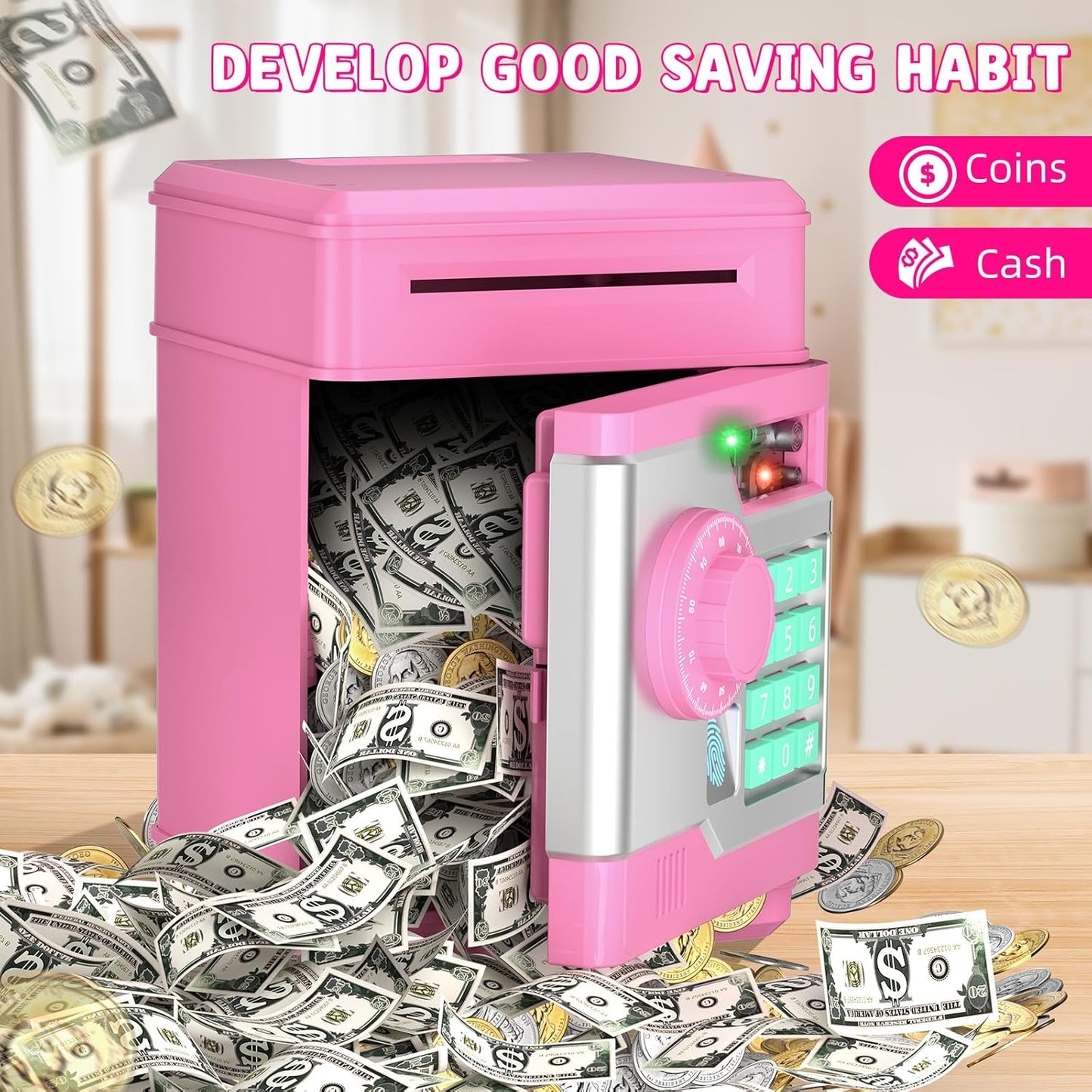 Piggy Bank, Automatic Electronic Piggy Bank for Kids Boys Girls with Password and Fingerprint Unlocking Simulation, Money Bank Kids Safe Toys for 3 4 5 6 7 8 9 10 Year Old Boy Girl (Black)