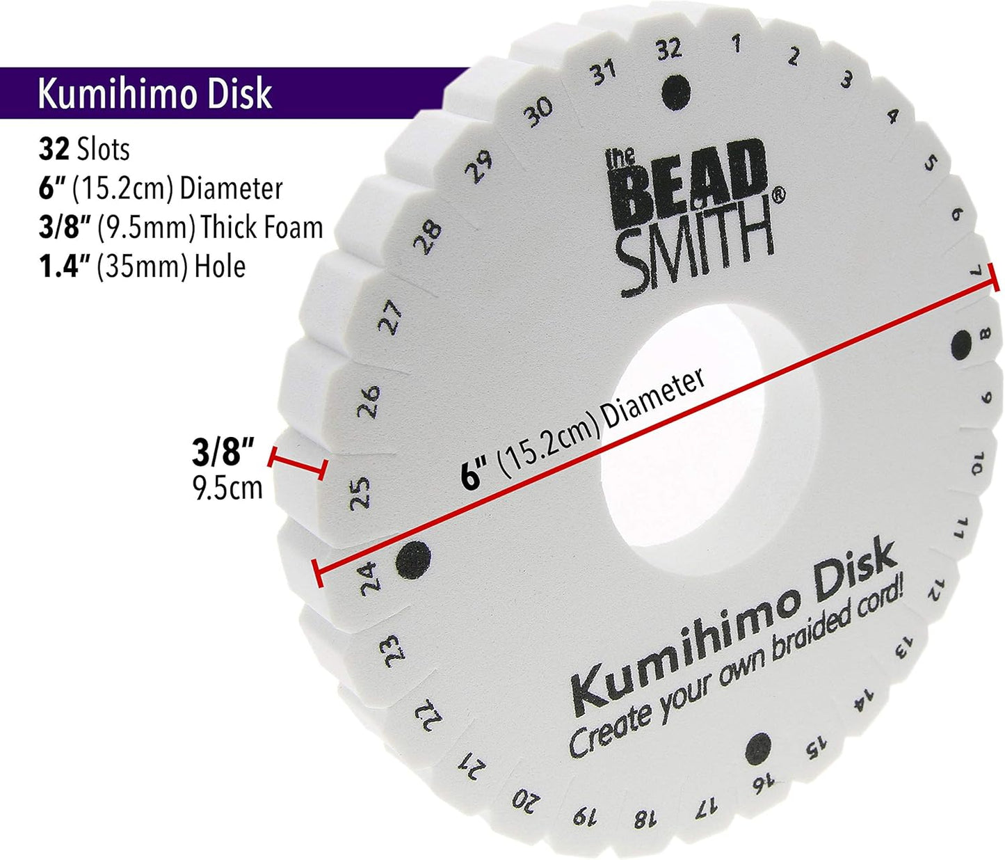 The Beadsmith Round Kumihimo Disk, 6 inch Diameter, 3/8” Thick Dense Foam, Jewelry Tools for Braiding, 1 disks