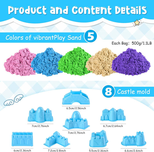 Magic Sand for Kids – 5.5 Lbs Bulk Magic Moving Sand Play Set with 5 Colors & 8 Castle Molds – Non-Toxic, Non-Sticky Squeezable Play Sand Refill for Sensory Bin, Arts Crafts, Boys Girls Birthday Gifts