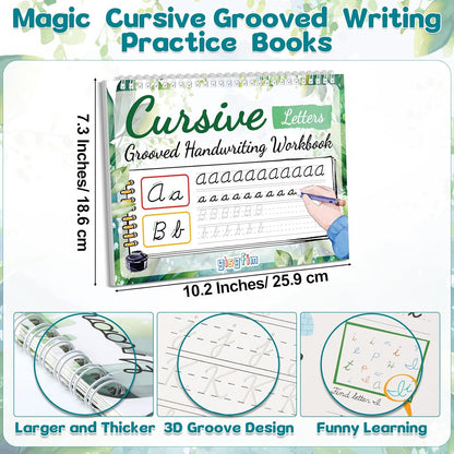 gisgfim Grooved Cursive Handwriting Workbook Magic Reusable Grooved Cursive Handwriting Practice Guided Tracing with Disappearing Ink Pens for Beginners Kids Learning Activities Supplies (Sentence)