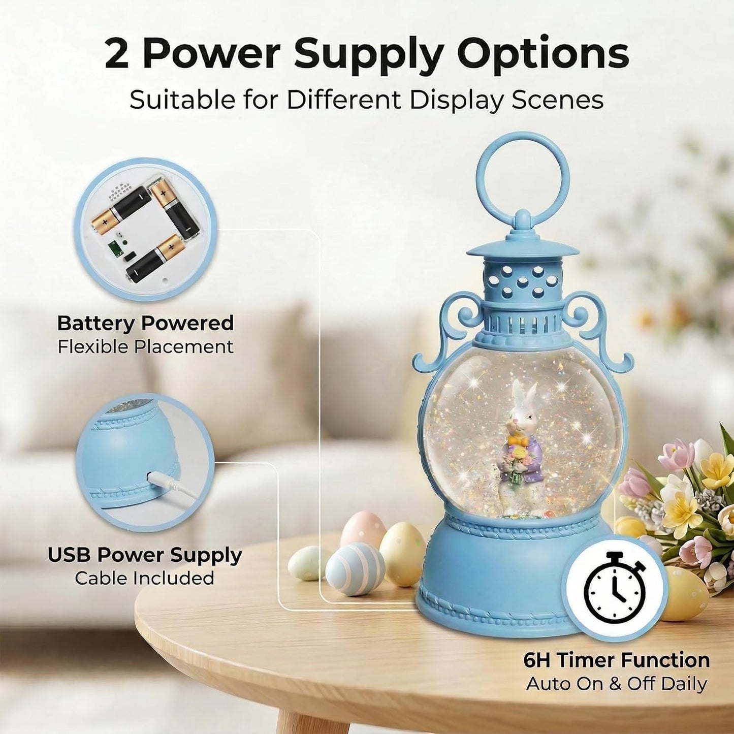 Easter Snow Globe Lantern, 9.4" Bunny Couple Lighted Snow Lantern with 6-Hour Timer, Battery or USB Powered, Spring Easter Decorations for Home, Easter Bunny Gift & Blue Easter Decor