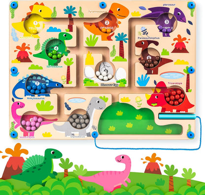 Magnetic Color and Number Maze, Commodum Montessori Counting Matching Learning Puzzle Board, Dinosaur Wooden Magnet Maze Game, Toddler Fine Motor Skills Travel Toys for Boys Girls 3 4 5 Years Old