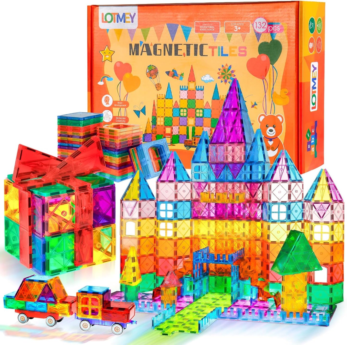 Magnetic Tiles Road Set with 2 Cranes & Double-Sided Magnet Tiles,Boys Toys for Ages 3-5 5-7 8-12,STEM Magnetic Building Construction Toys Include Car,Stations,Dolls,Roads,Signs,Gifts for 3+ Kids